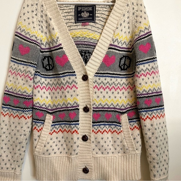 VS PINK peace, love and pink fair isle hoodie heavy knit cardigan sweater - Picture 11 of 14